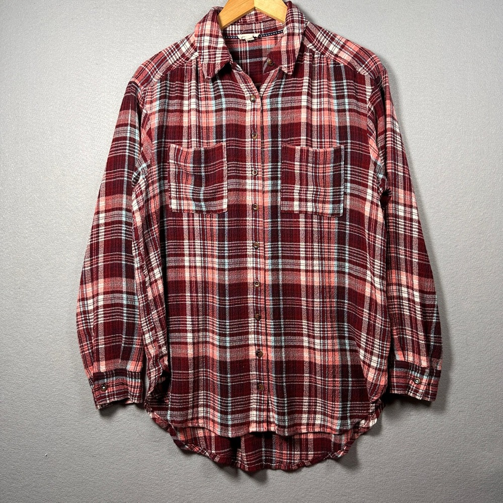 Pilcro Anthropologie Plaid Flannel Shirt Burgundy Pink Blue Womens Small